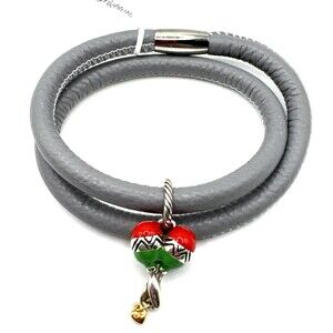Brighton Woodstock Grey Double Leather Bracelet 15in NWT + Maracas Charm